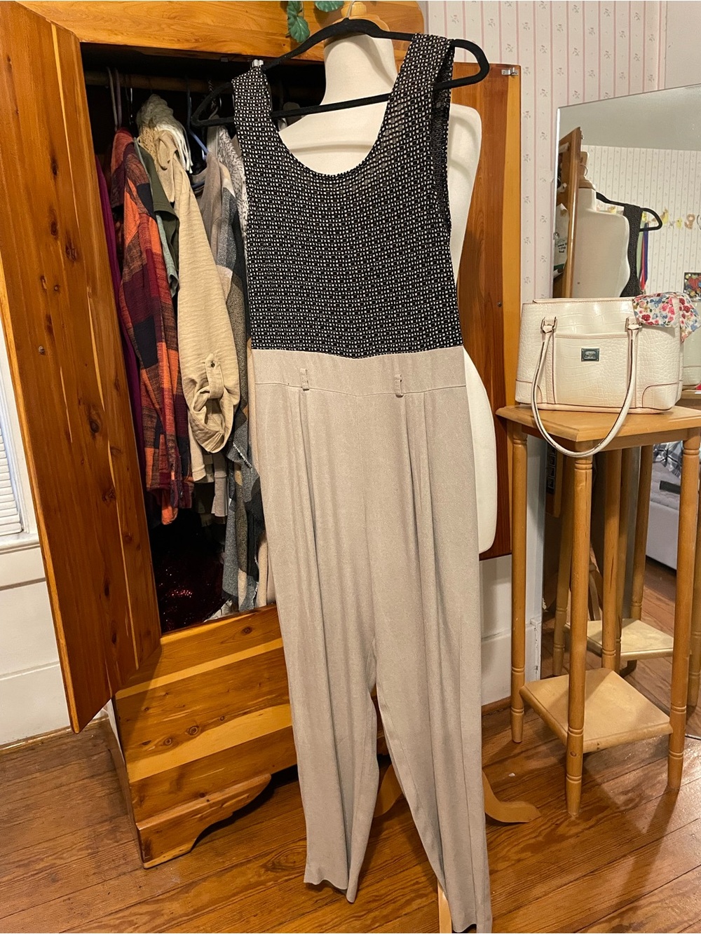 Vintage Sleeveless Two-Tone Knit Jumpsuit in Black and Beige